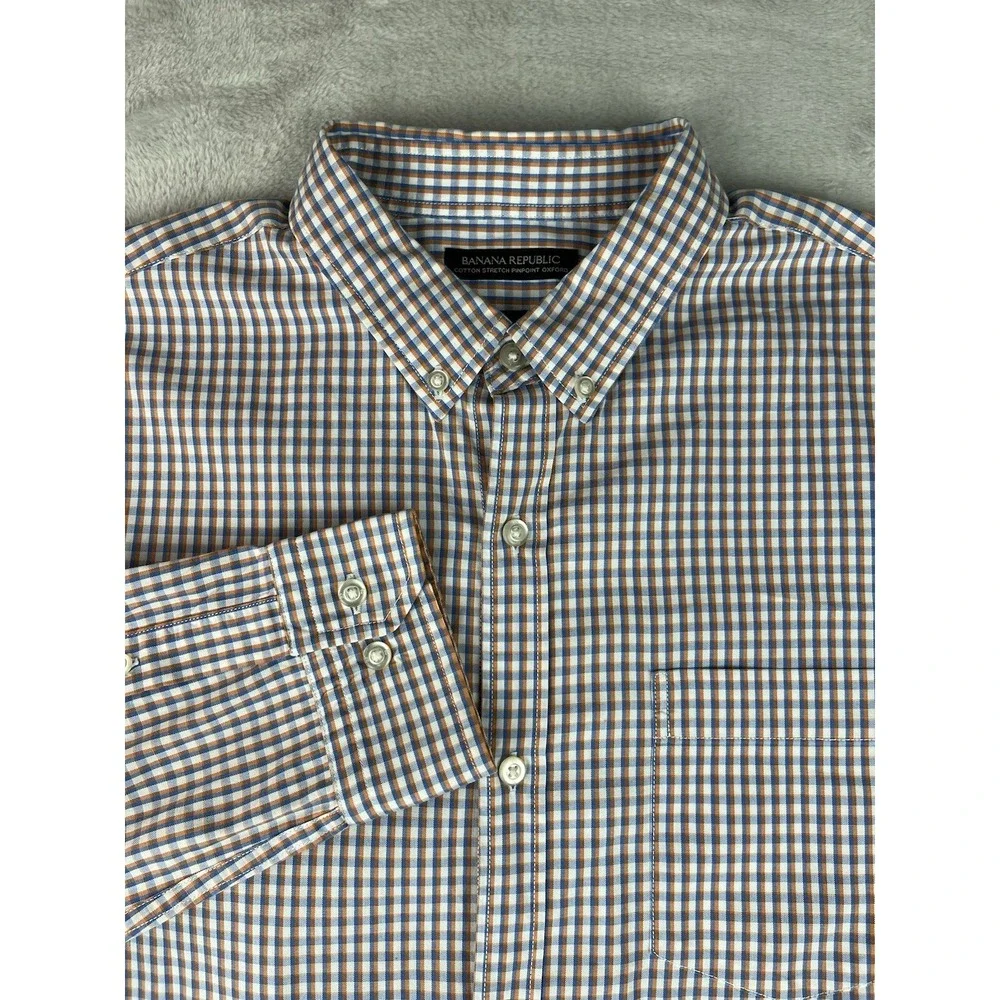 BANANA REPUBLIC Shirt Men Large Check Gingham Grant Fit Stretch Pinpoint Oxford